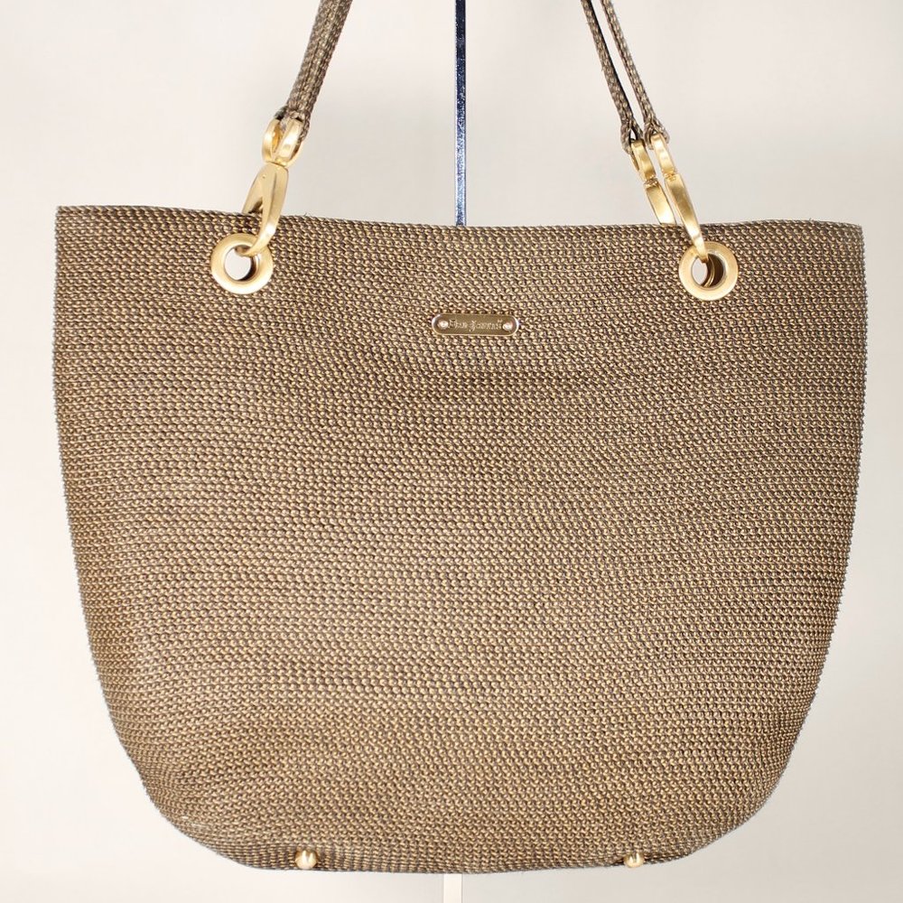ERIC JAVITZ Black & Metallic Gold Woven Tote, Chunky Gold Accents, Medium Size - Picture 5 of 16
